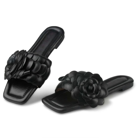 New Black Flat Sandals Slipon Flower Square Toe Comfortable Cushion Size 9 - Picture 1 of 7